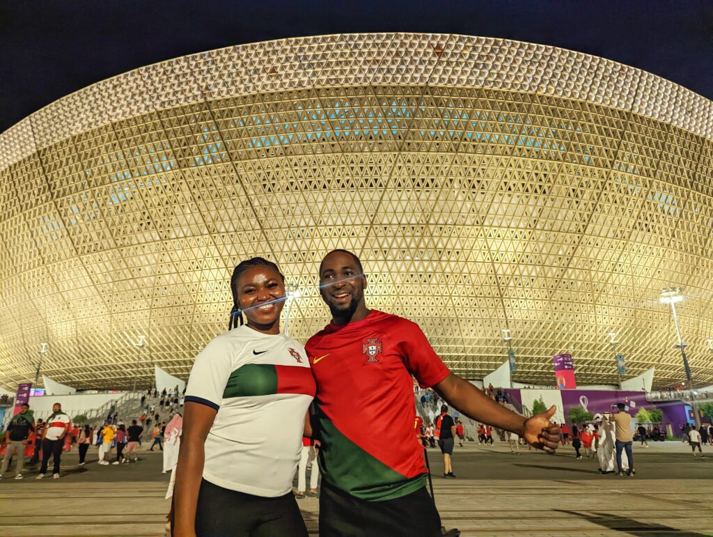 My partner and I outside the Lusail stadium, Doha the venue for the final 2022 FIFA World Cup game.