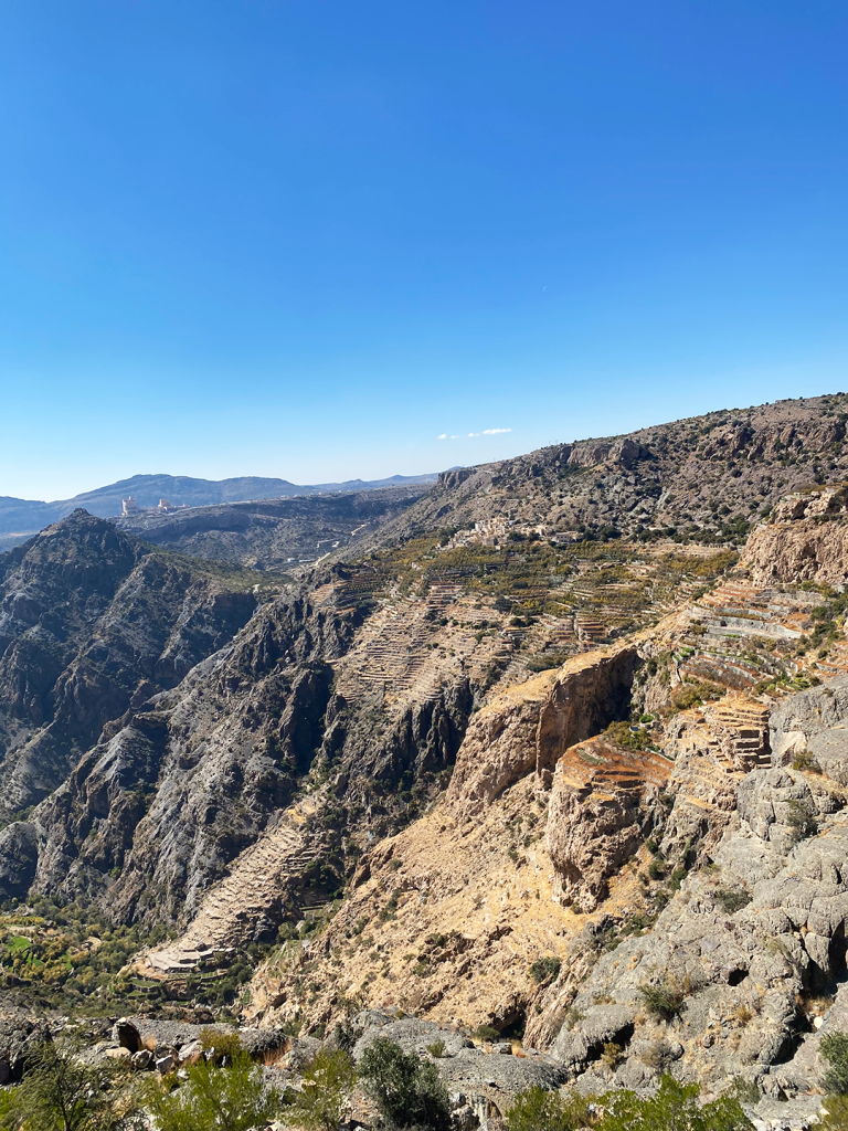 A photo of the Pomegranate and rose farms in the valleys of the Jebel Al Akhdar mountains taken during a visit to Oman