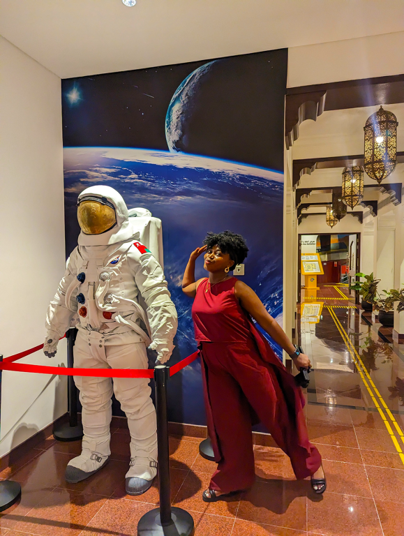 Standing beside a model of an astronaut in the Oil and Gas Exhibition centre during our visit to Oman